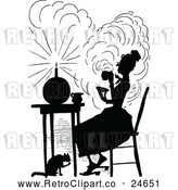 Vector Clip Art of Retro Silhouetted Cat Grooming by a Lady Drinking Hot Tea by Prawny Vintage