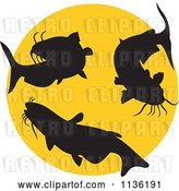 Vector Clip Art of Retro Silhouetted Catfish over a Yellow Circle by Patrimonio