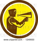 Vector Clip Art of Retro Silhouetted Director Using a Bullhorn in a Brown and Yellow Circle by Patrimonio