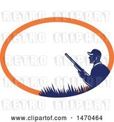Vector Clip Art of Retro Silhouetted Duck Hunter Holding a Shotgun in a Blue and Orange Oval by Patrimonio