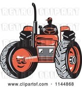 Vector Clip Art of Retro Silhouetted Farmer Operating a Red Tractor 1 by Patrimonio