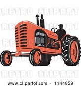 Vector Clip Art of Retro Silhouetted Farmer Operating a Red Tractor 2 by Patrimonio
