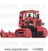 Vector Clip Art of Retro Silhouetted Farmer Operating a Steel Track Tractor by Patrimonio
