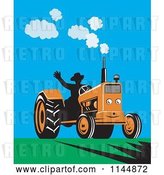 Vector Clip Art of Retro Silhouetted Farmer Waving and Operating an Orange Tractor on a Field by Patrimonio