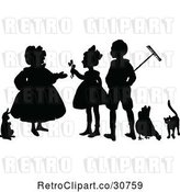 Vector Clip Art of Retro Silhouetted Farmers with a Rabbit Chicken and Cat by Prawny Vintage