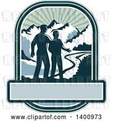 Vector Clip Art of Retro Silhouetted Father and Son with a View of a River and Mountains over a Banner by Patrimonio
