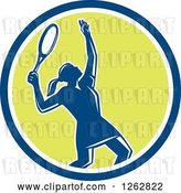Vector Clip Art of Retro Silhouetted Female Tennis Player Serving Inside a Blue White and Green Circle by Patrimonio