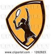 Vector Clip Art of Retro Silhouetted Female Tennis Player Serving Inside an Orange Shield by Patrimonio