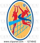 Vector Clip Art of Retro Silhouetted Female Volleyball Player Blocking an Opponents Spike in a Blue White and Yellow Oval by Patrimonio