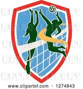 Vector Clip Art of Retro Silhouetted Female Volleyball Player Blocking an Opponents Spike in a Red White and Blue Shield by Patrimonio