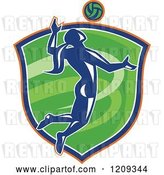 Vector Clip Art of Retro Silhouetted Female Volleyball Player Jumping over a Green Shield by Patrimonio