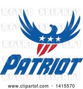 Vector Clip Art of Retro Silhouetted Flying American Bald Eagle in Red White and Blue with a Shield Body and Stars on Its Chest over Patriot Text by Patrimonio