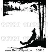 Vector Clip Art of Retro Silhouetted Fox Looking up at a Crow in a Tree by Prawny Vintage