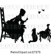Vector Clip Art of Retro Silhouetted Girl Talking to Her Cat and Doll by Prawny Vintage