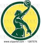 Vector Clip Art of Retro Silhouetted Green Basketball Player Doing a Layup in a Green White and Yellow Circle by Patrimonio