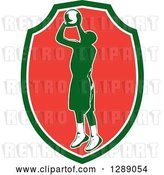 Vector Clip Art of Retro Silhouetted Green Basketball Player Jumping and Shooting in a Green White and Red Shield by Patrimonio
