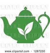 Vector Clip Art of Retro Silhouetted Green Tea Pot with White Leaves by Vector Tradition SM