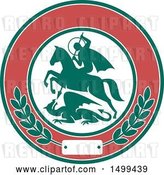 Vector Clip Art of Retro Silhouetted Horseback St George Knight Slaying a Dragon in a Cricle with Olive Leaves by Patrimonio