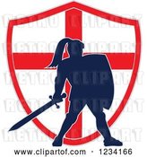 Vector Clip Art of Retro Silhouetted Knight in Full Armor over an English Flag Shield by Patrimonio