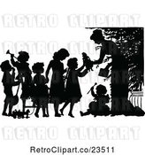 Vector Clip Art of Retro Silhouetted Lady Giving Christmas Toys to KChildren by Prawny Vintage