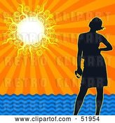 Vector Clip Art of Retro Silhouetted Lady Standing on a Beach Under a Sunset Ocean Sky by Dero