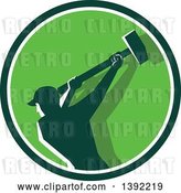 Vector Clip Art of Retro Silhouetted Male Demolition Worker Swinging a Sledgehammer in a Green and White Circle by Patrimonio