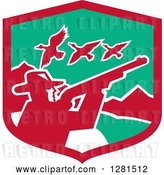 Vector Clip Art of Retro Silhouetted Male Duck Hunter Holding a Rifle in a Red and Green Mountainous Shield by Patrimonio