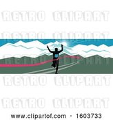 Vector Clip Art of Retro Silhouetted Male Marathon Runner Breaking Through the Finish Line Against a Snow Capped Mountainous Sunset by Patrimonio