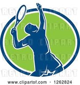 Vector Clip Art of Retro Silhouetted Male Tennis Player Serving Inside a Blue White and Green Circle by Patrimonio