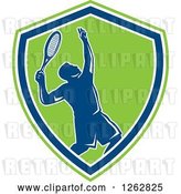 Vector Clip Art of Retro Silhouetted Male Tennis Player Serving Inside a Blue White and Green Shield by Patrimonio