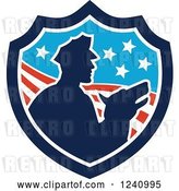 Vector Clip Art of Retro Silhouetted Officer and Security Dog in an American Shield by Patrimonio