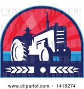 Vector Clip Art of Retro Silhouetted Organic Farmer Operating a Tractor in a Crest Design with Wheat by Patrimonio
