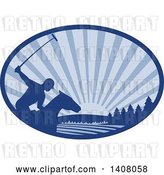 Vector Clip Art of Retro Silhouetted Polo Player on Horseback, Swinging a Mallet Against a Sunset in a Blue Oval by Patrimonio