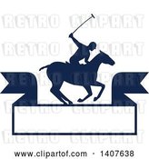 Vector Clip Art of Retro Silhouetted Polo Player on Horseback, Swinging a Mallet over a Banner by Patrimonio