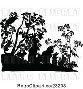 Vector Clip Art of Retro Silhouetted Rabbit Family and Birds in Shrubs by Prawny Vintage