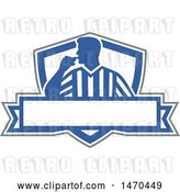 Vector Clip Art of Retro Silhouetted Referee Umpire Blowing a Whistle in a Blue and White Shield over a Banner by Patrimonio