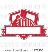 Vector Clip Art of Retro Silhouetted Referee Umpire Blowing a Whistle in a Red and White Shield over a Banner by Patrimonio