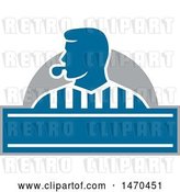 Vector Clip Art of Retro Silhouetted Referee Umpire Blowing a Whistle over a Blue Banner by Patrimonio