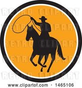Vector Clip Art of Retro Silhouetted Roping Cowboy in Horseback in a Black White and Orange Circle by Patrimonio