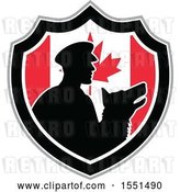 Vector Clip Art of Retro Silhouetted Security Guard and Dog in a Canadian Flag Shield by Patrimonio