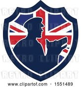 Vector Clip Art of Retro Silhouetted Security Guard and Dog in a Union Jack Flag Shield by Patrimonio