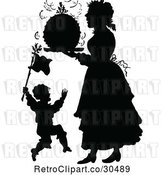 Vector Clip Art of Retro Silhouetted Son and Mother with Christmas Pudding by Prawny Vintage