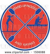 Vector Clip Art of Retro Silhouetted Stand up Paddler and Kayaker in a Blue White and Red Circle by Patrimonio