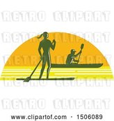 Vector Clip Art of Retro Silhouetted Stand up Paddler and Kayaker in a Sunset Half Circle by Patrimonio