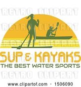 Vector Clip Art of Retro Silhouetted Stand up Paddler and Kayaker over Text in a Sunset Half Circle by Patrimonio