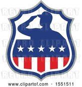 Vector Clip Art of Retro Silhouetted Veteran Soldier Saluting in an American Shield by Patrimonio