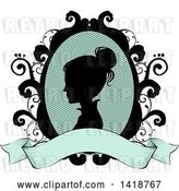Vector Clip Art of Retro Silhouetted Victorian Lady Cameo in a Floral Frame with a Blank Ribbon Banner by BNP Design Studio