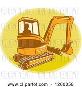 Vector Clip Art of Retro Silhouetted Worker Operating a Digger Excavator Machine over a Yellow Oval of Rays by Patrimonio