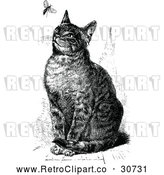 Vector Clip Art of Retro Sitting Cat Watching a Fly by Prawny Vintage