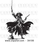Vector Clip Art of Retro Skeleton Pirate Raising Hell, One Foot up on a Rock, Holding a Sword and Pistil by Lawrence Christmas Illustration
